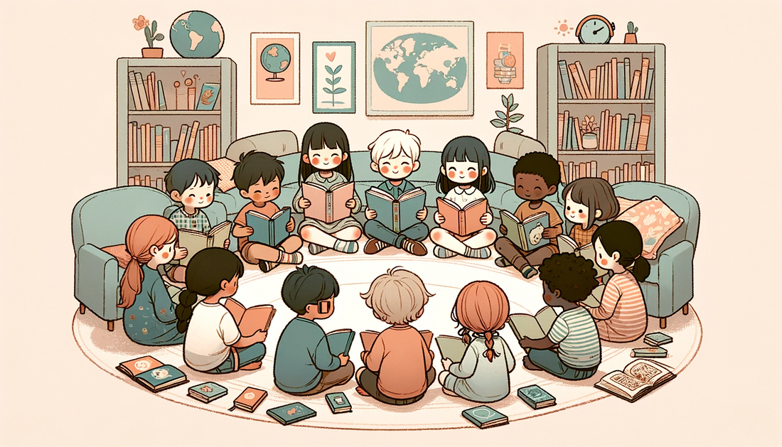 다양한 문화의 아이들이 함께 책을 읽는 아늑한 도서관