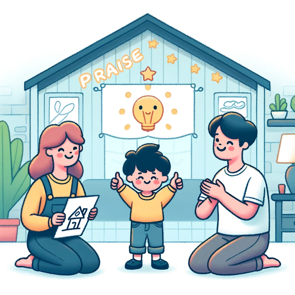 부모님에게 칭찬을 받아 기뻐하는 아이 이미지