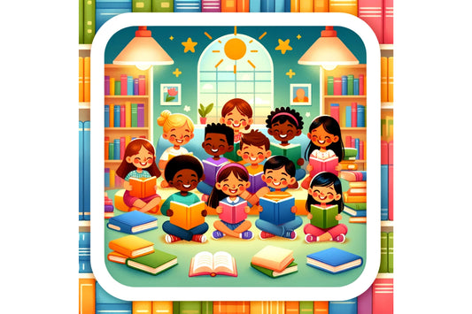 다양한 인종의 아이들이 즐겁게 책을 읽고 있는 도서관 일러스트