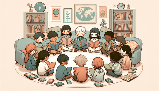 다양한 문화의 아이들이 함께 책을 읽는 아늑한 도서관